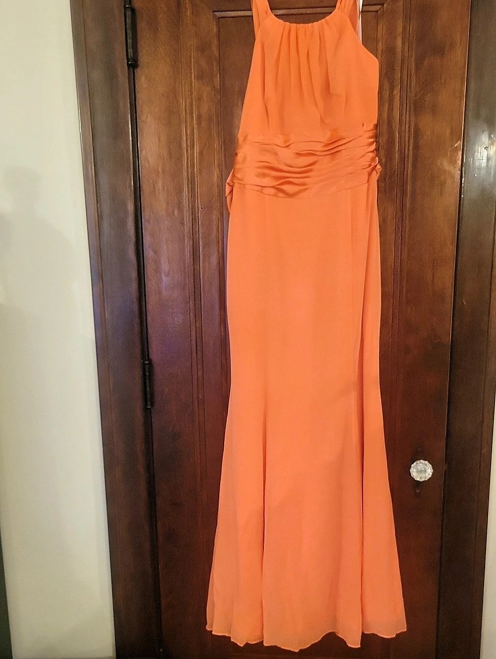 David's Bridal Chiffon and Charmeuse Halter Bridesmaid Dress Style F12732 Coral